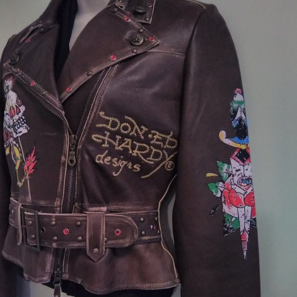 Ed Hardy Brown Leather Jacket Sz XSmall Crossover Biker Style NWT